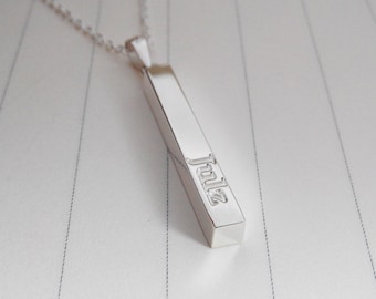 Sterling Silver Name Bar Necklace,Long Silver Roman Numeral Necklace,Long Silver Bar Necklace,Vertical Bar Necklace,Engraved Bar Necklace