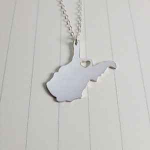 Silver West Virginia State Necklace,WV State Necklace,West Virginia State Charm Necklace,State Shaped Necklace  With A Heart