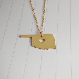 Gold Oklahoma State Necklace,OK State Necklace,Oklahoma State Charm Necklace,State Shaped Necklace  With A Heart