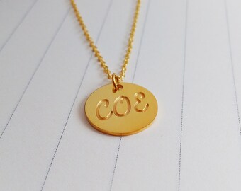 Gold Disc Necklace,Three Initial Disc Necklace,0.6" Engraved Disc Pendant,Tiny Disc Necklace,Personalize Gold Monogram Necklace