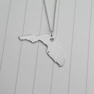 Florida State Charm Necklace,FL State Necklace,Silver State Necklace,State Shaped Necklace  With A Heart