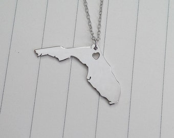 Florida State Charm Necklace,FL State Necklace,Silver State Necklace,State Shaped Necklace  With A Heart