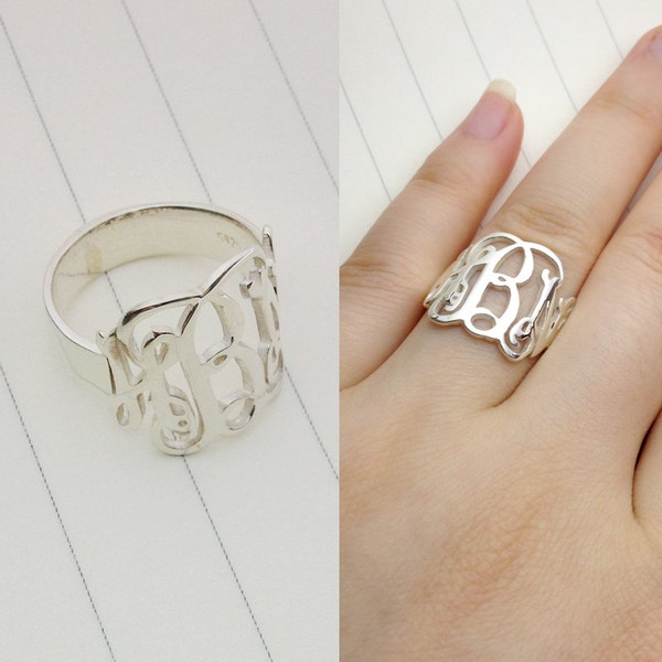 Silver Monogram Ring,Any Initial Ring,Personalized Monogram Ring,3 Initial Monogram Ring,Christmas Gift