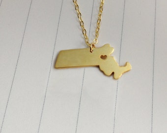 MA State Necklace,Gold Massachusetts State Necklace,Massachusetts State Charm Necklace,State Shaped Necklace  With A Heart