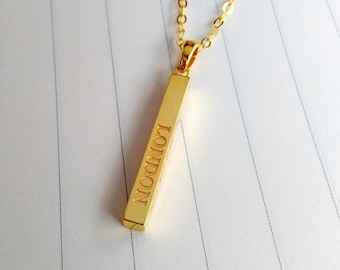 Gold Bar Necklace,Engraved Bar Name Necklace,Vertical Bar Necklace,Sterling Silver Name Bar Necklace,Engraved Bar Necklace
