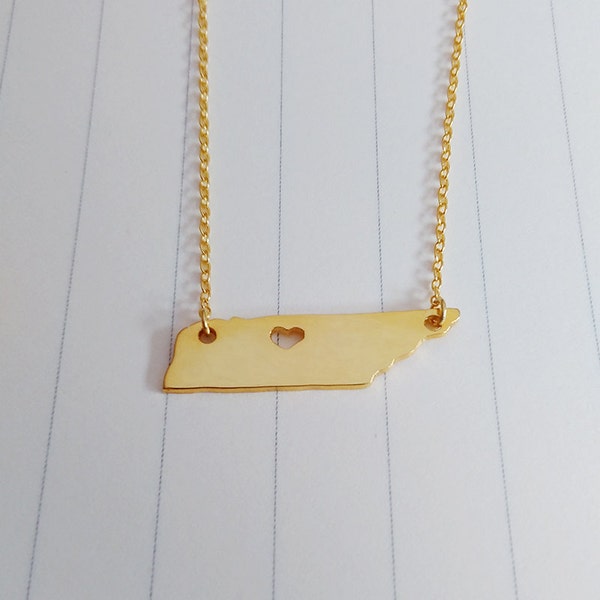 Gold State Necklace,TN State Necklace,Tennessee State Charm Necklace,State Shaped Necklace  With A Heart