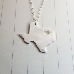 Texas State Necklace Silver,Personalize Texas State Charm Necklace,TX State Necklace,Custom Map Necklace,State Shaped Necklace With A Heart