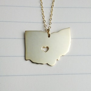 Gold Ohio State Necklace,OH State Necklace,Ohio State Charm Necklace,State Shaped Necklace  With A Heart