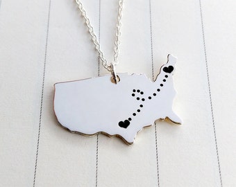 American Map Necklace,USA Shaped Necklace,Best Friends Necklace,State Charm Necklace,Two Heart Handmade Necklace,Custom Silver Jewelry