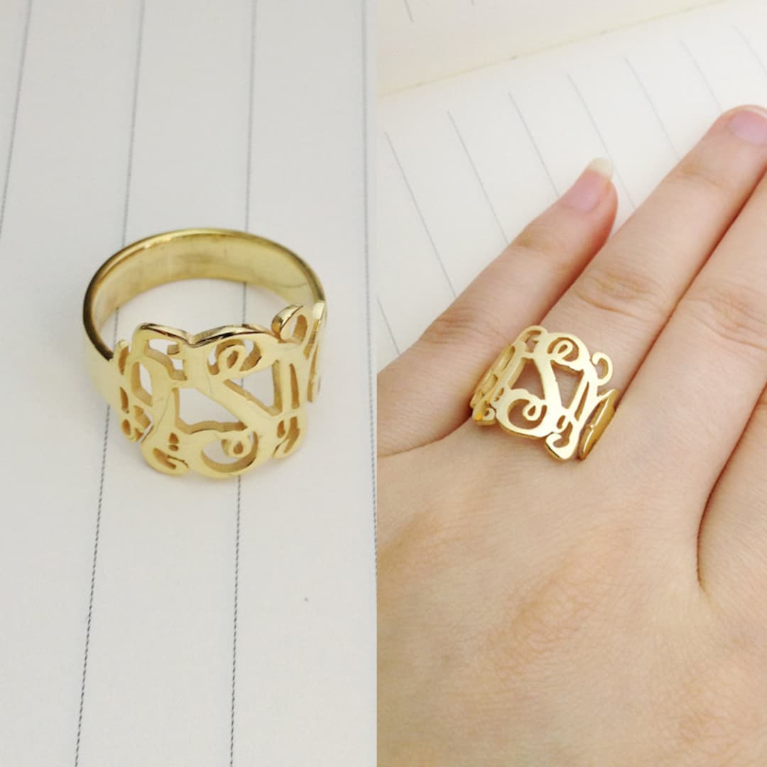 Gold Monogram Ring,3 Initial Monogram Ring,any Initial Ring
