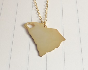 Gold South Carolina State Necklace,SC State Necklace,South Carolina State Charm Necklace,State Shaped Necklace  With A Heart