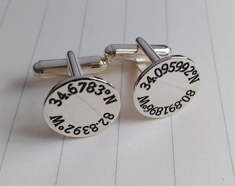 Coordinates Cufflinks,Silver Latitude Longitude Wedding Cufflinks,Personalized Wedding Cufflinks,Engraved Coordinate Cuffl inks for Groom