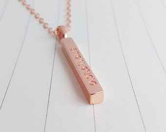 Long Bar Coordinate Necklace,Engraved Rose Gold Bar Necklace,Vertical Bar Necklace,Personalized Name Bar Necklace,Engraved Bar Necklace