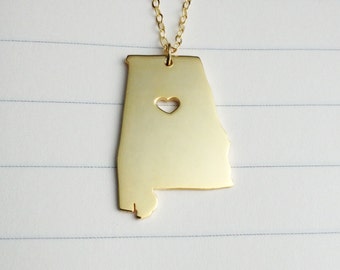 AL staat ketting, Alabama staat charme ketting, gouden staat ketting, staat gevormde ketting met een hart