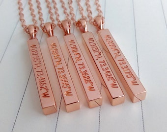 Wedding Bar Necklace,Personalized Coordinate Necklace,Long Bar Engraved,Vertical Latitude Longitude Necklace,Personalized Bar Necklace