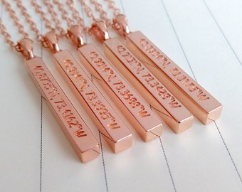 Long Bar Coordinate Necklace,Engraved Rose Gold Bar Necklace,Vertical Latitude Longitude Necklace,Personalized Name Bar Necklace