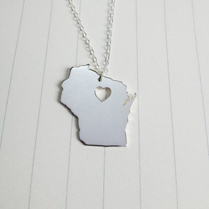 Wisconsin State Charm Necklace,Silver Wisconsin State Necklace,WI State Necklace,State Shaped Necklace  With A Heart