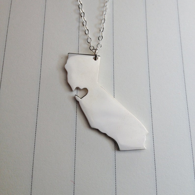 Personalized California Necklace,California State Charm Necklace,CA State Necklace,Silver State Necklace,State Shaped Necklace With A Heart image 2