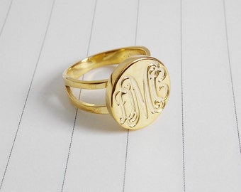 Gouden monogramring, elke initiaal, gepersonaliseerde monogramring, ring met 3 initiële monogrammen, kerstcadeau
