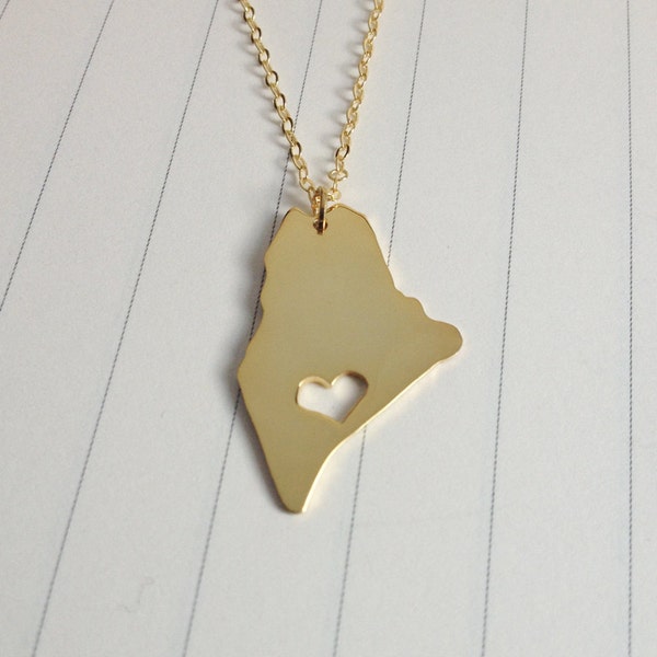 Gold Maine State Necklace,ME State Necklace,Maine State Charm Necklace,State Shaped Necklace  With A Heart