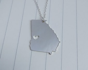GA State Necklace,Silver Georgia State Necklace,Georgia State Charm Necklace,State Shaped Necklace  With A Heart