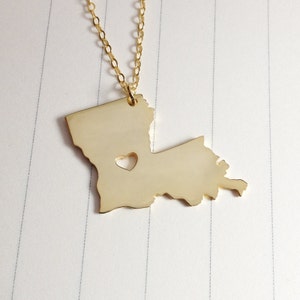 Gold Louisiana State Necklace,LA State Necklace,Louisiana State Charm Necklace,State Shaped Necklace  With A Heart
