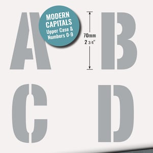 Big LETTER STENCILS 70mm ALPHABET Capital Letters /  0-9 Numbers (2.75 inches tall) 6 x Sheets big lettering wall painting Modern Upper Case