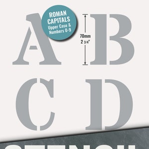 Big LETTER STENCILS 70mm ALPHABET Capital Letters /  0-9 Numbers (2.75 inches tall) 6 x Sheets big lettering wall painting Roman Upper Case