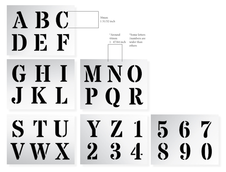 wall LETTER STENCILS 50mm ALPHABET Capital Letters 0-9 Numbers 1.96 inches tall 6 x Sheets lettering painting Roman Upper Case