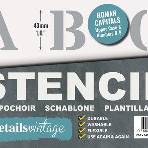 40mm LETTER ALPHABET STENCIL Capital Letters /  0-9 Numbers (1.57 inches tall) 6 x Sheets lettering, wall, painting Roman Upper Case