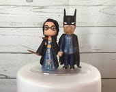 Gryffindor BRIDE with Hand Painted Gown and Batman GROOM with Hand Painted Clothes. Harry Potter & Batman Cake Topper