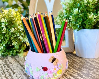 Floral Pencil Holder | Pink Desk Organizer  | Whimsical Flower Desk Decor | Gift