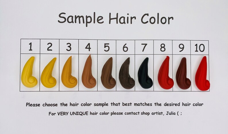 May include: A chart with ten hair color samples numbered 1 through 10. The samples are arranged in a row from lightest to darkest. The colors are: light blonde, blonde, light brown, medium brown, dark brown, black, red, auburn, and red. The text on the chart reads: "Sample Hair Color" and "Please choose the hair color sample that best matches the desired hair color. For VERY UNIQUE hair color please contact shop artist, Julia (";).