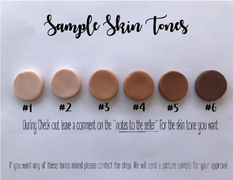 May include: Six round skin tone samples numbered 1 through 6.  During checkout, leave a comment on the "notes to the seller" for the skin tone you want. If you want any of these tones mixed, please contact the shop. We will send a picture sample for your approval.