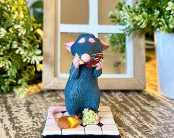 French Mouse Kitchen  |  Figurine with Cheese | Whimsical Kitchen Shelf Decor | Handmade Chef  Display