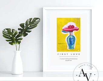 FIRST LOVE - Druckbare Wandkunst - Pop Art Feminine Poster - Motivationszitat zur Selbstliebe - Digitaler Download