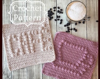 CAFÉ and Coffee Cup Dishcloth Patterns,  PDF Download Crochet Pattern, Easy Crochet Pattern, Beginner Crochet Pattern,  Housewarming Gift