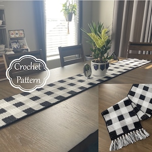 May include: Black and white checkered crochet table runner with fringe. The runner is on a wooden table with a plant in a white pot. The text "Crochet Pattern" is written in a white cloud shape.