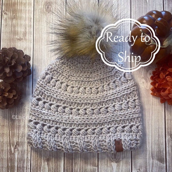 Bonnet pour femme, bonnet au crochet avec fausse fourrure, bonnet