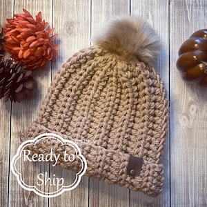 Beanie for Women, Crochet Beanie with Faux Fur, Beanie with Pom Pom, Crochet Hat for Women, Detachable Pom Pom, Gift for Her, Gift for Women