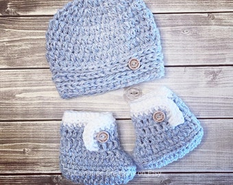 Baby Girl or Boy Gift Set, Handmade Baby Booties and Hat Set,  Newborn Crochet Hat and Baby Uggs, Baby Shower Gift, Newborn Baby Gift