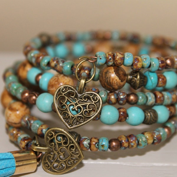 Wrap bracelet Memory Wire, turquoise stone beads, miyuki picasso beads, tassel, glass beads, jasper picture beads, charms