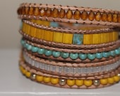 Leather beaded Wrap bracelet beautiful brown, wrapbracelet Miuyki beads