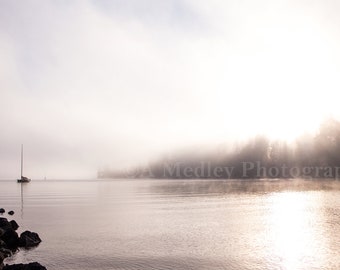 Silent Sail, sailboat in ocean with soft fog landcsape ocean photograph