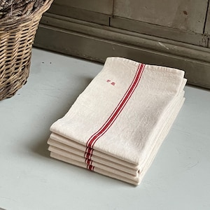 3 vintage French dish towels white with red stripes and PM Monogram / Metis Towels (Linen and cotton)
