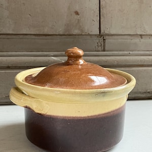 Vintage Round Terrine or Pate dish with lid / Pottery Covered Dish Yellow Glazed