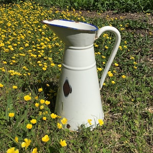 Vintage French White Enameled Pitcher with blue rim / Water Pitcher / bathroom decor / Garden Decor