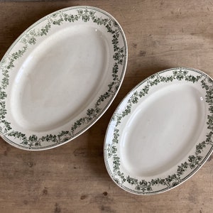 French antique oval serving dishes / Set of 2 platters / Ironstone / Green and White / BADONVILLER
