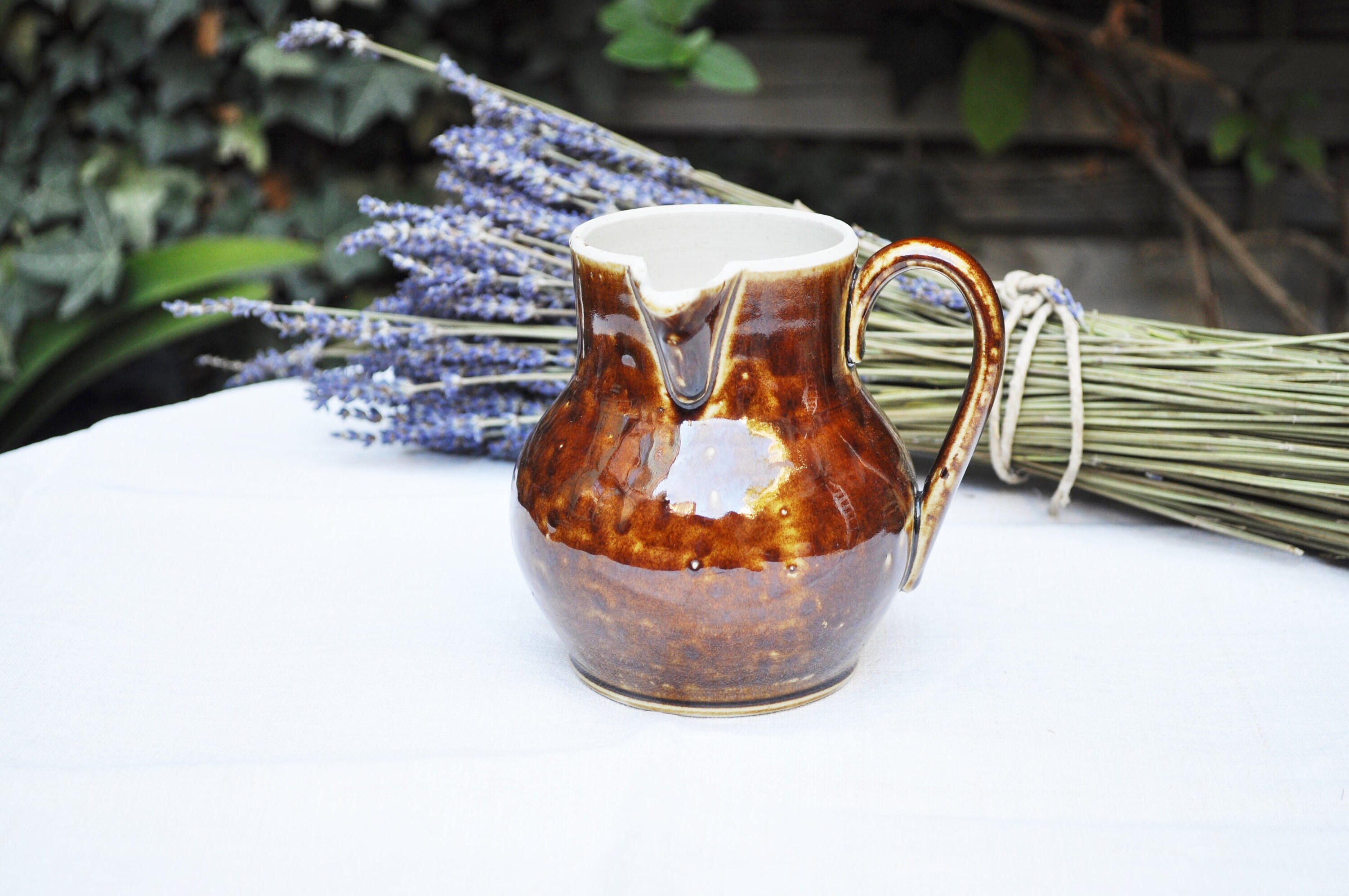 Vintage Français Chocolat Pitcher Brown Glazed Sandstone/Jug