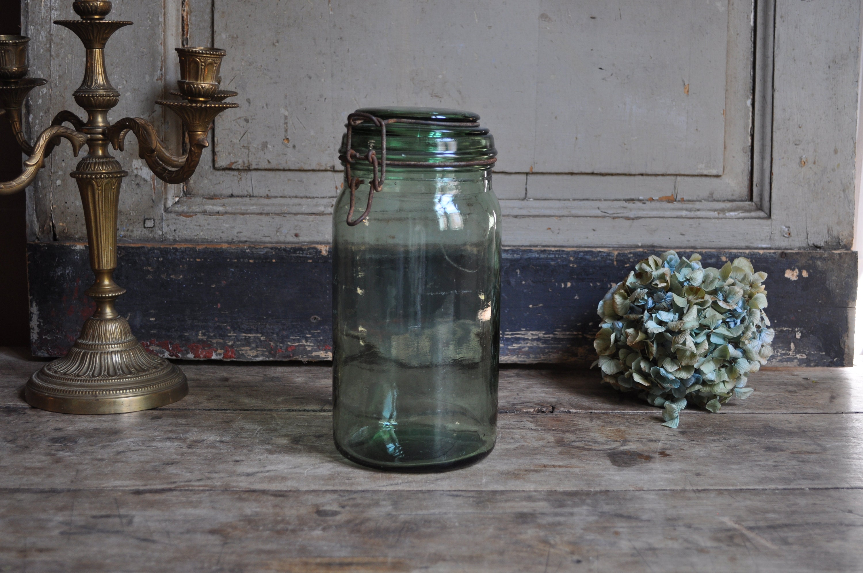 Canning Jar Green Thick Glass/Français Pot en Verre Vintage Mason Durfor